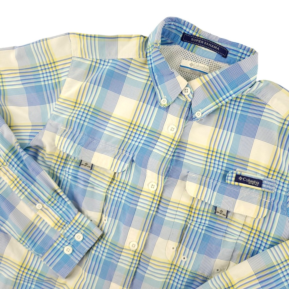 Columbia PFG Super Bahama Shirt Women M Blue Plaid Long Sleeve Fishing Button Up